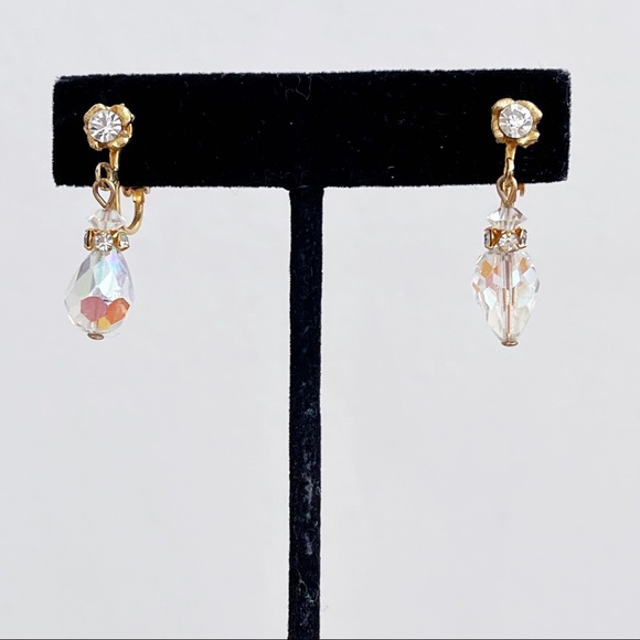 Vintage Gold Tone CZ Aurora Borealis Crystal Bead Dangle Clip Earrings 1.25” - Picture 11 of 11